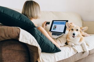 woman online shopping on laptop with dog